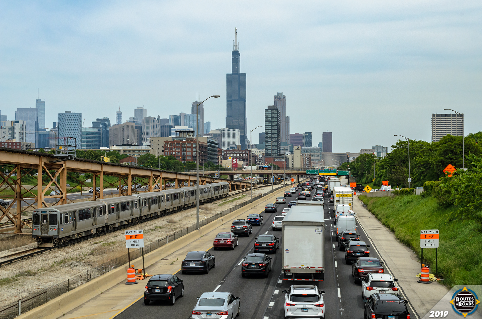 A view of the Downtown Chicago skyline from Interstate 290 and Ashland Avenue.