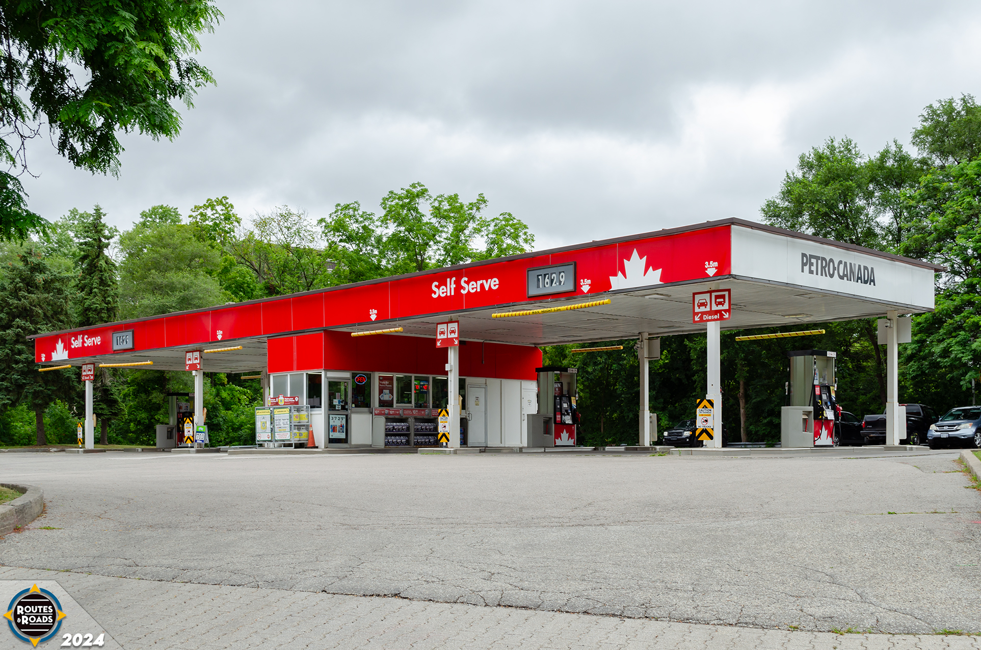 A formerly unique and vintage Petro-Canada gas station in Markham, at Bayview Avenue and Steeles Avenue East.