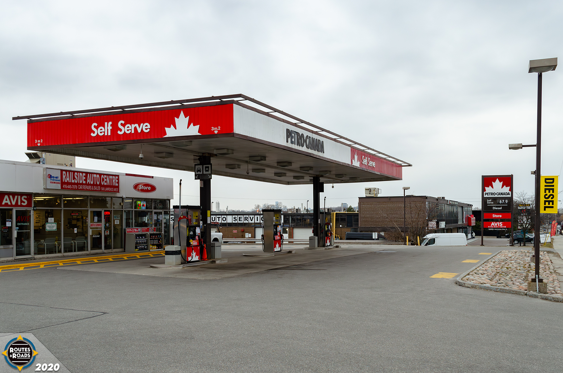 A formerly vintage 1980s Petro-Canada in Toronto, at Railside Road East and Lawrence Avenue East.