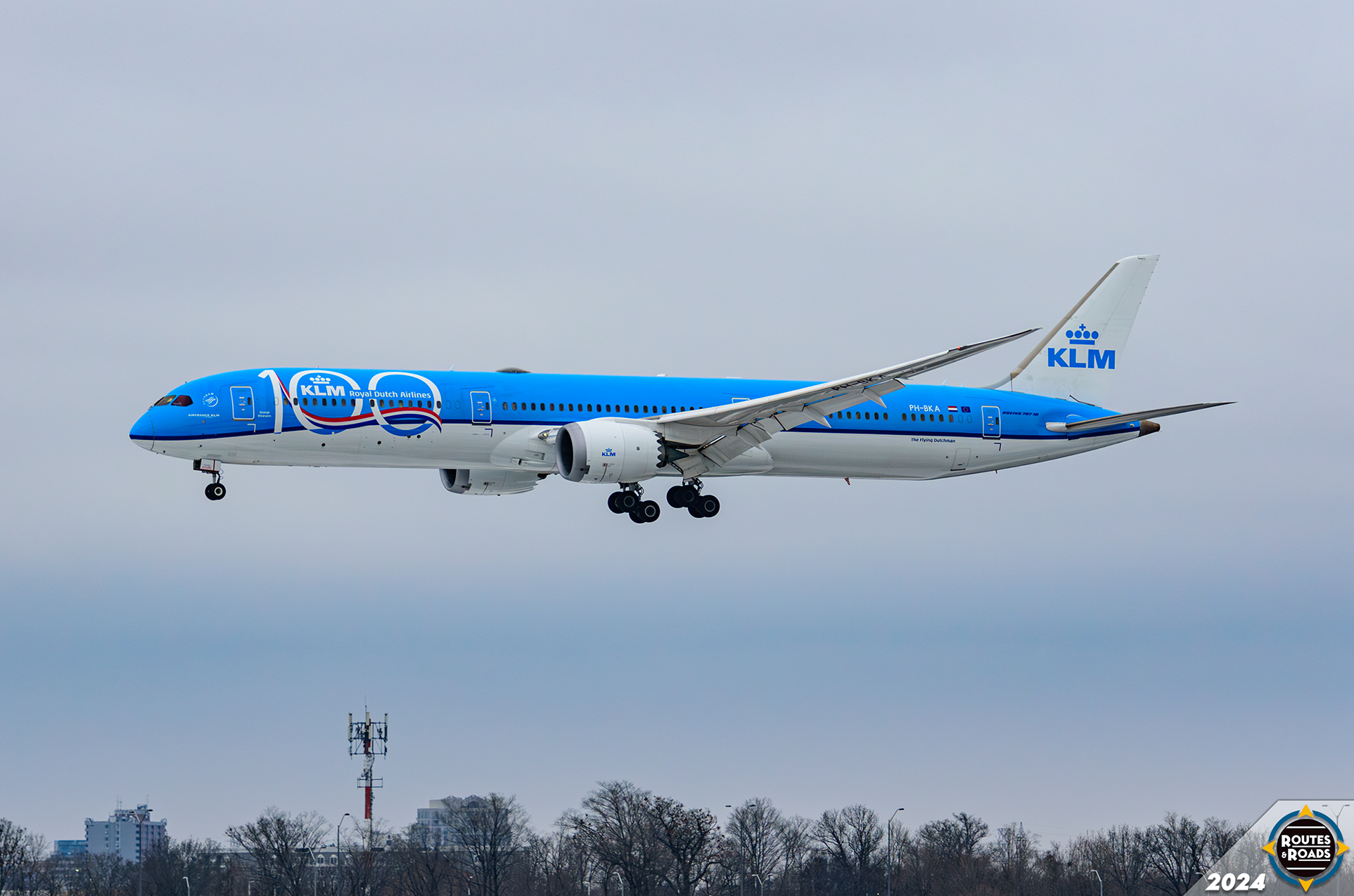 KLM 2019 Boeing 787-10 Dreamliner PH-BKA arriving from Amsterdam (AMS) and sporting the 100 Years livery.