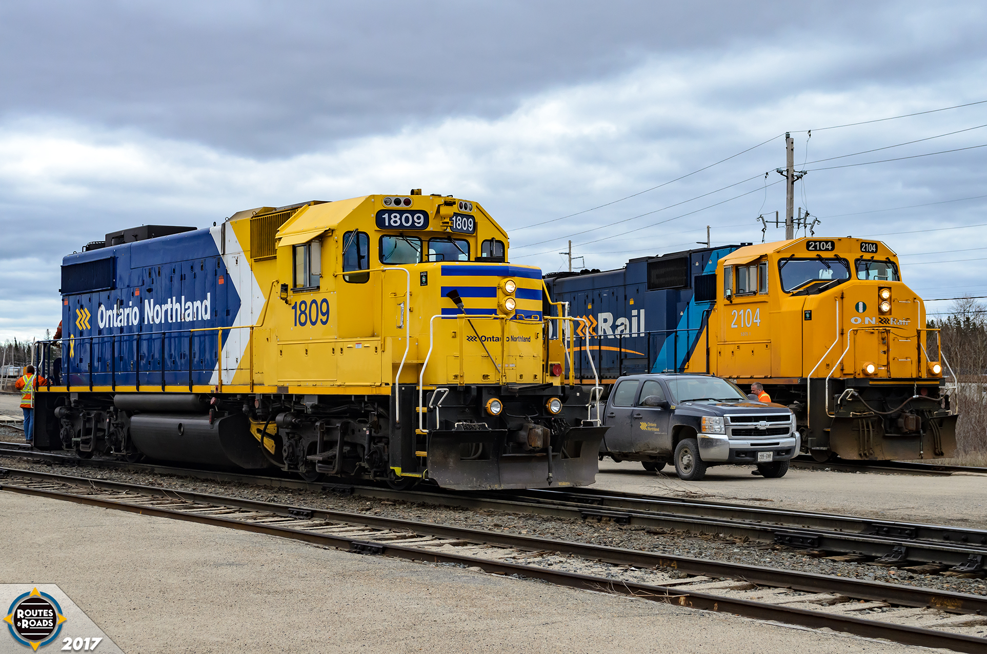 Ontario Northland Railway (ONR) 1809 and 2104 sporting different liveries at Cochrane Station.