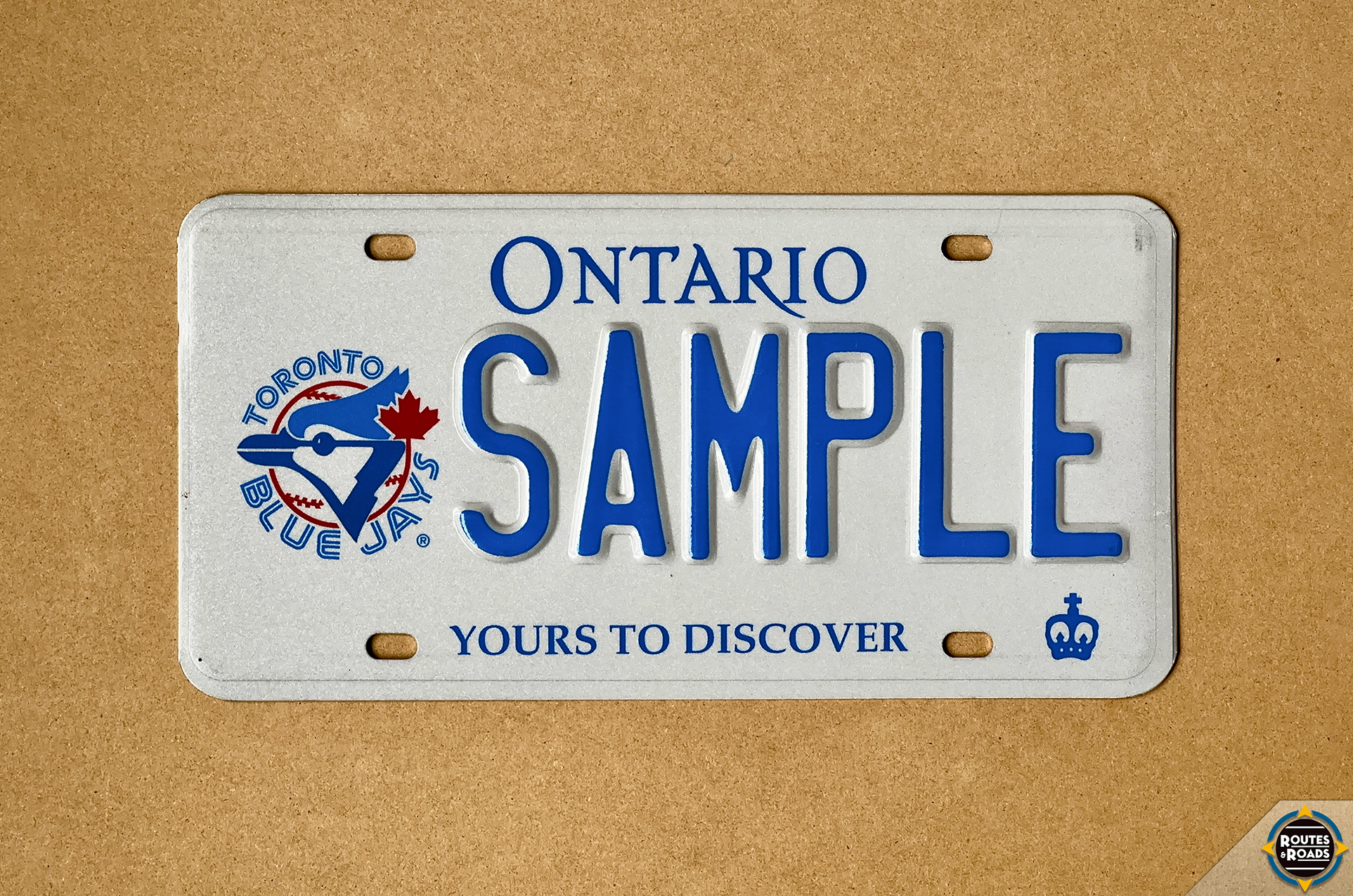 Ontario sample licence plate featuring the original logo of the Toronto Blue Jays.