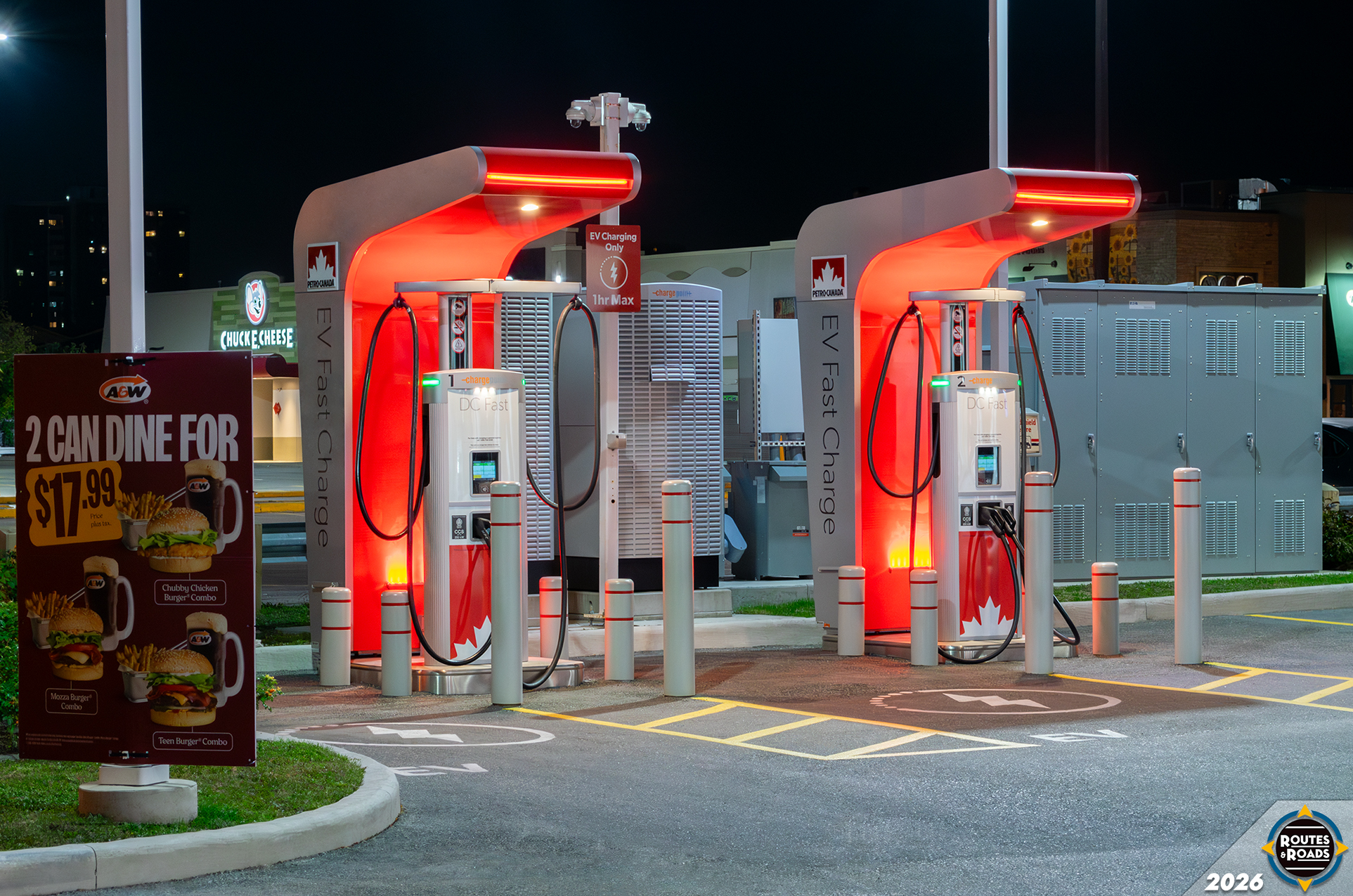 A couple of new electric vehicle charging stations at a recently-renovated Petro-Canada gas station.