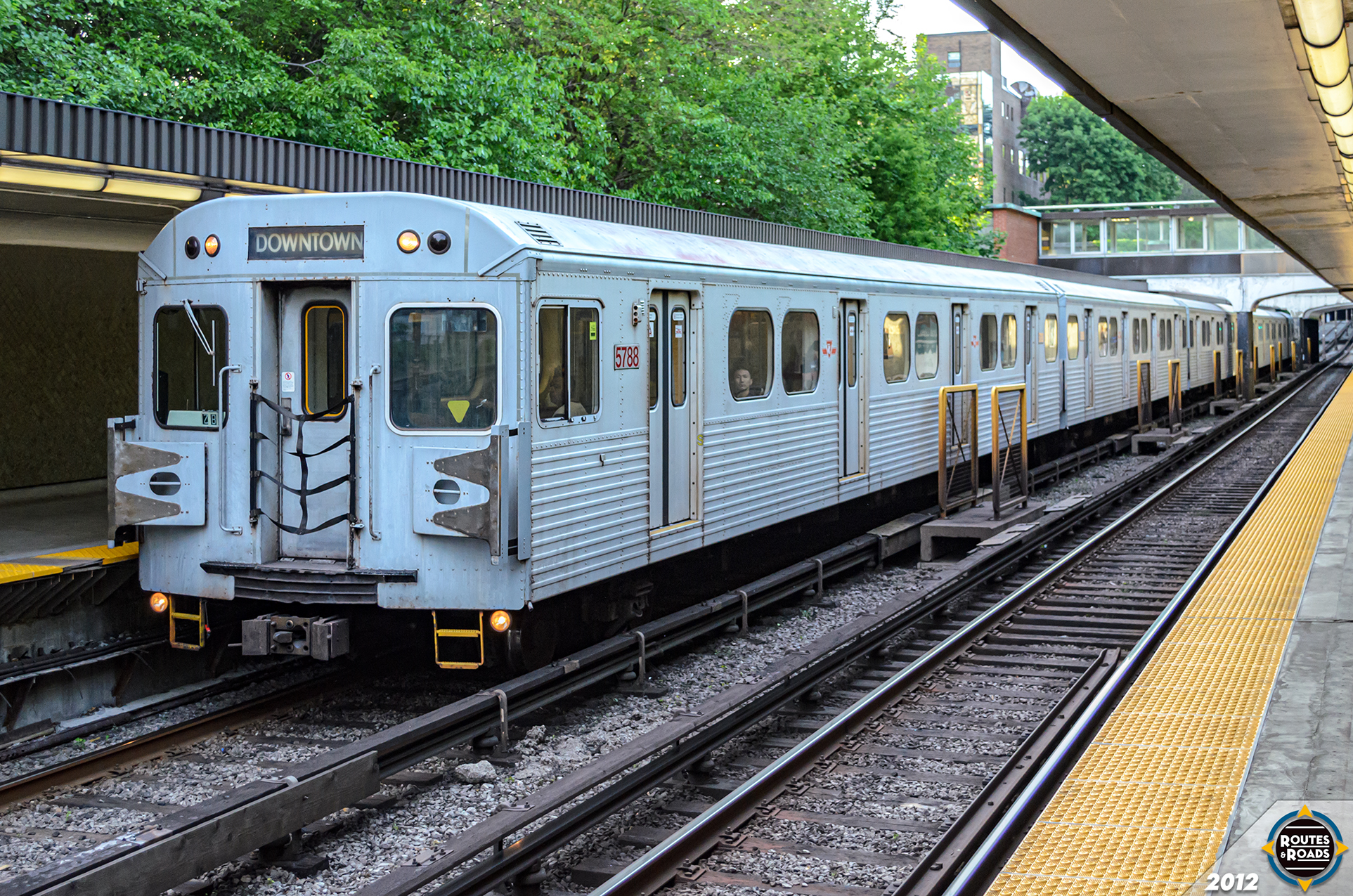 A Toronto Transit Commission (TTC) 1976-1979 Hawker Siddeley H5 sporting a rare "Downtown" exposure at Rosedale Station.