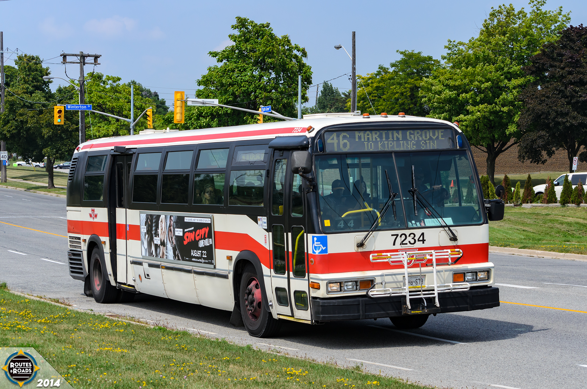 Toronto Transit Commission (TTC) 1998 Nova Bus RTS 7234 heading southbound on Martin Grove Road at Winterton Drive on route 46 Martin Grove.