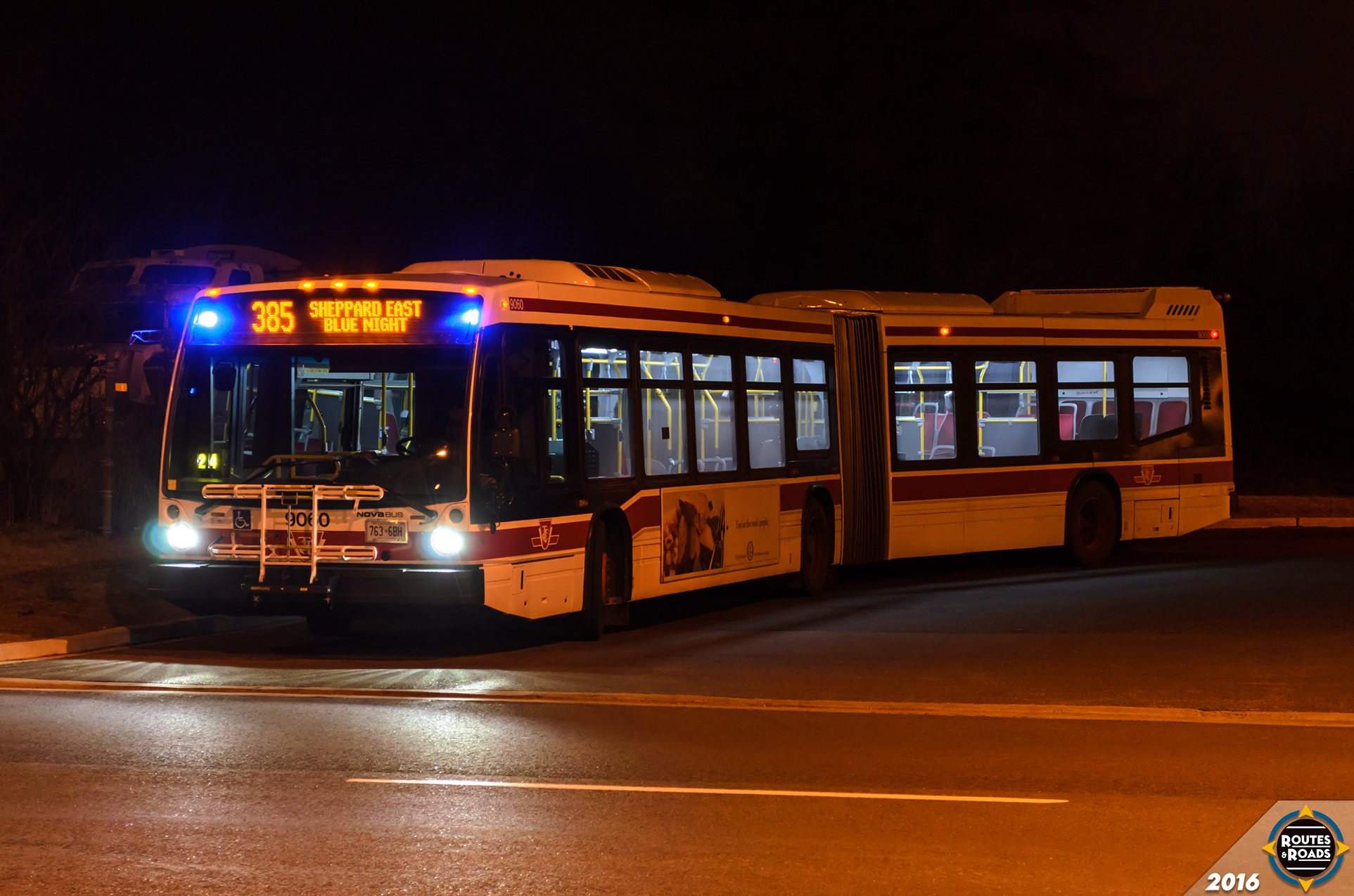 Toronto Transit Commission (TTC) 2014 Nova Bus LFS Artic 9060 taking a break at Meadowvale Loop on route 385 Sheppard East Blue Night.