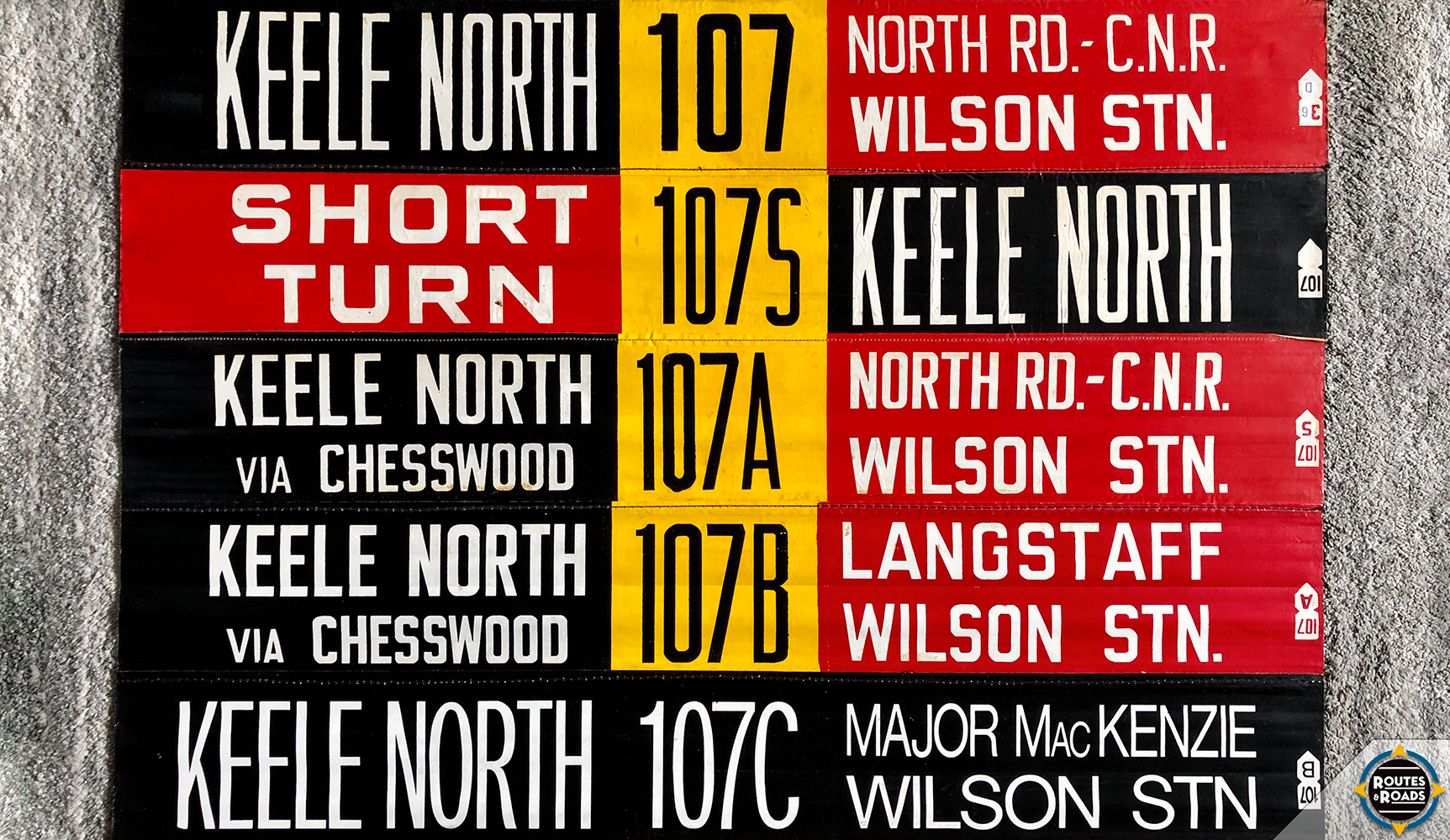 Toronto Transit Commission (TTC) front linen rollsign exposures for route 107 Keele North, dating back to fall 1987.
