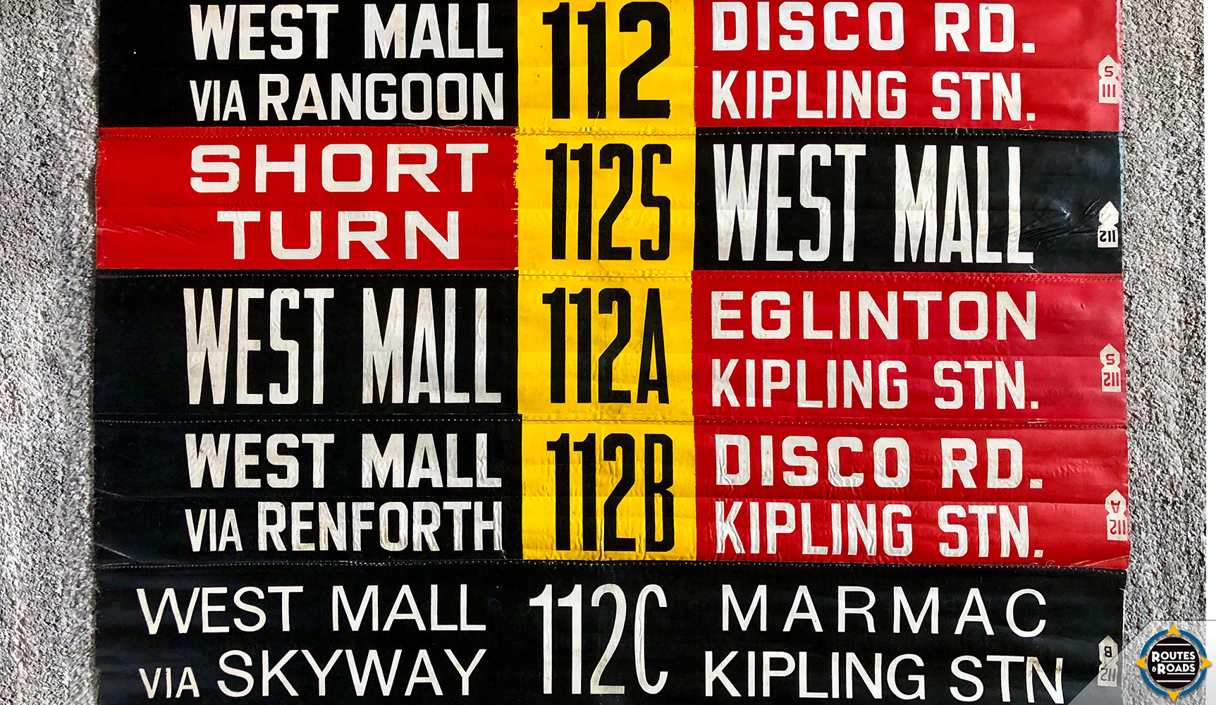 Toronto Transit Commission (TTC) front linen rollsign exposures for route 112 West Mall, dating back to spring 1984.