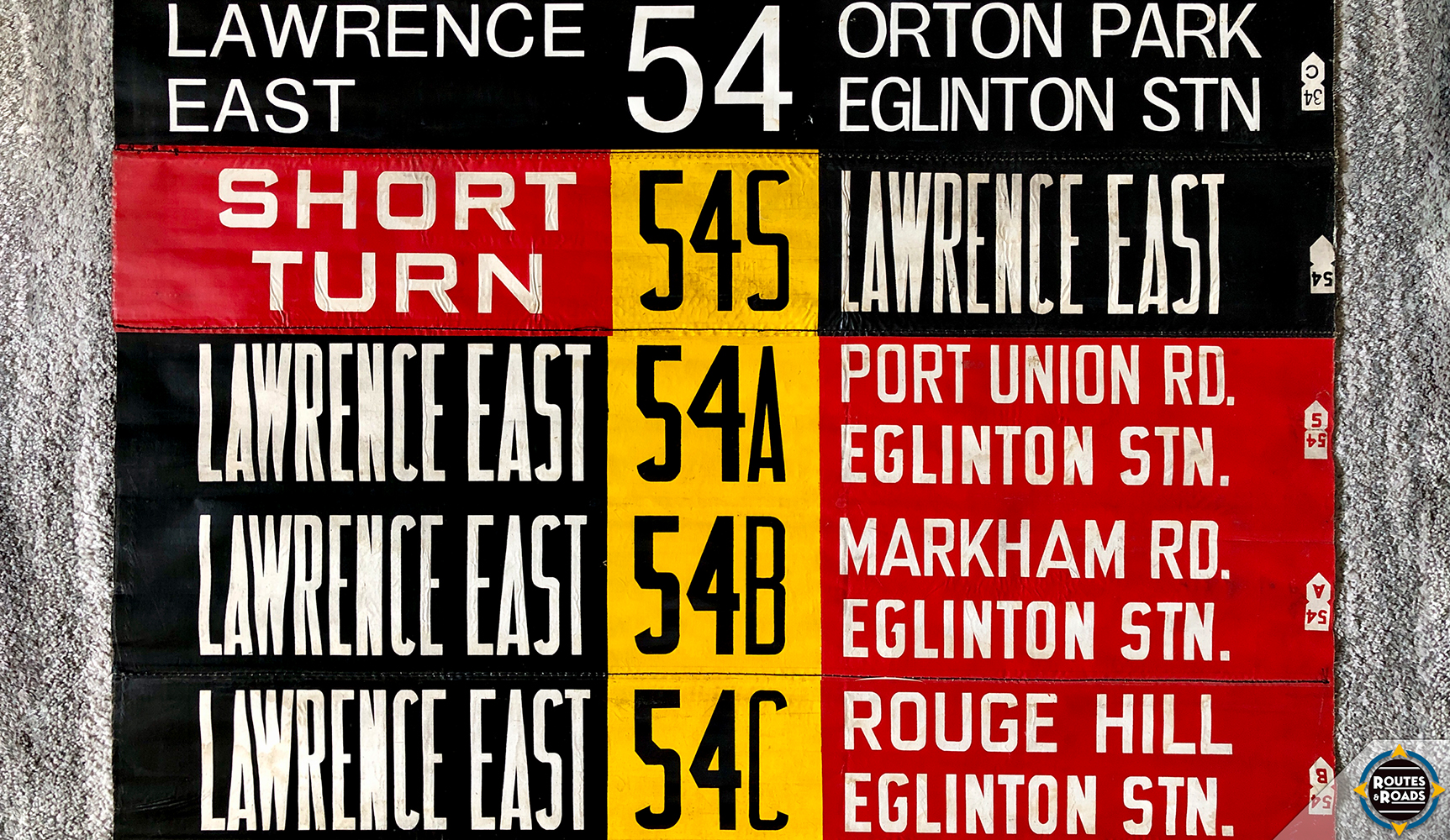 Toronto Transit Commission (TTC) front linen rollsign exposures for route 54 Lawrence East, dating back to pre-spring 1968.