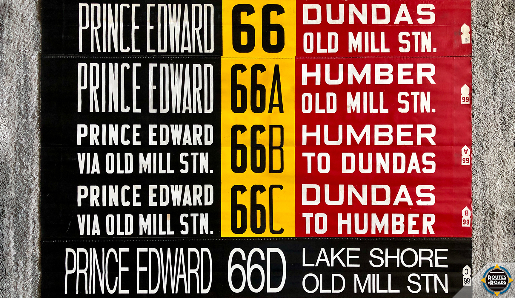 Toronto Transit Commission (TTC) front linen rollsign exposures for route 66 Prince Edward, dating back to fall 1987.