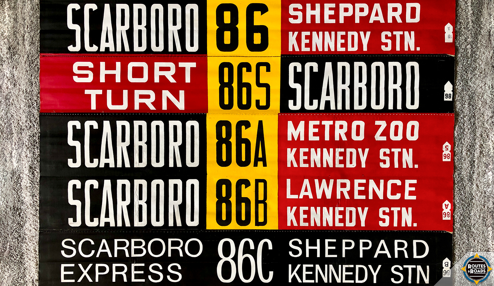 Toronto Transit Commission (TTC) front linen rollsign exposures for route 86 Scarboro/Scarborough, dating back to early 1988.