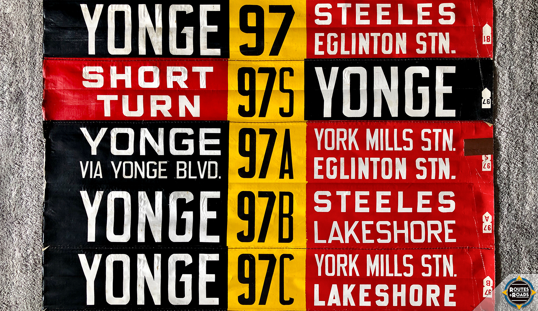 Toronto Transit Commission (TTC) front linen rollsign exposures for route 97 Yonge, dating back to early 1987.