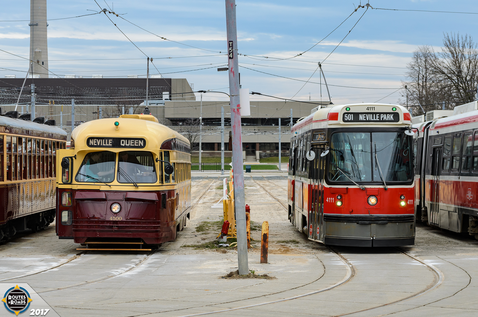 Toronto Transit Commission (TTC) PCC and CLRV Streetcars resting at Russell Carhouse ready to take part in the annual Beaches Easter Parade on April 16th, 2017.