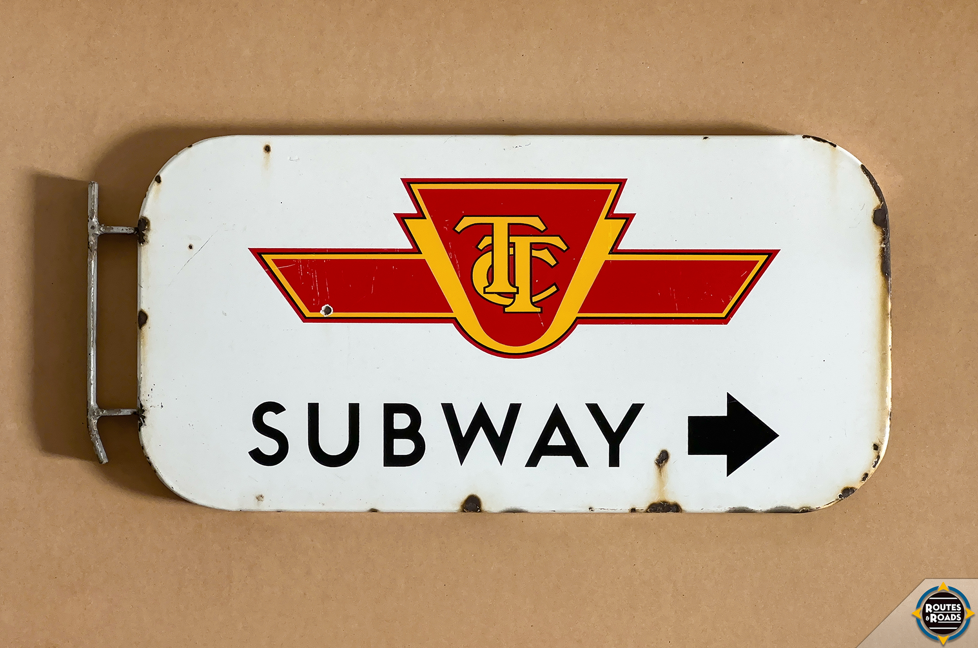 A vintage 1960s Toronto Transit Commission (TTC) enamelled steel subway directional sign. Very few examples remain in use on the system today.